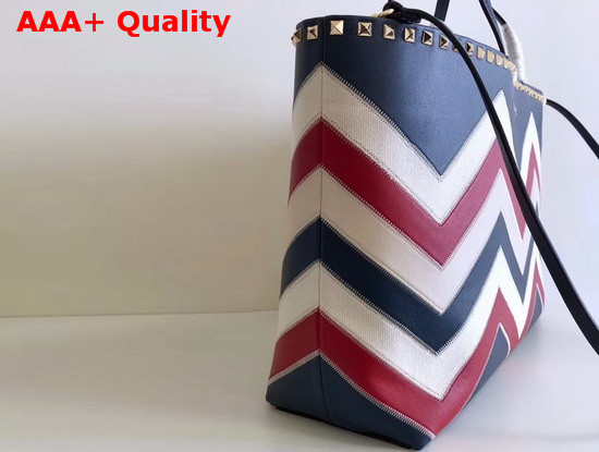 Valentino Garavani Rockstud Small Shopper Bag Canvas and Calfskin Leather Chevron Inlay Blue Replica