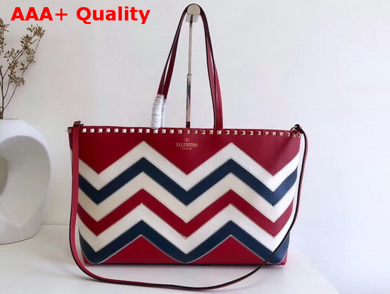 Valentino Garavani Rockstud Small Shopper Bag Canvas and Calfskin Leather Chevron Inlay Red Replica