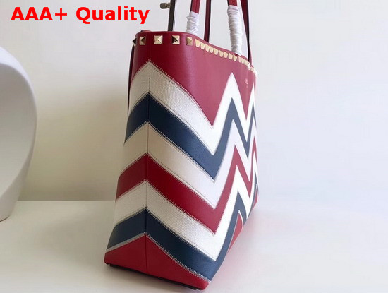 Valentino Garavani Rockstud Small Shopper Bag Canvas and Calfskin Leather Chevron Inlay Red Replica