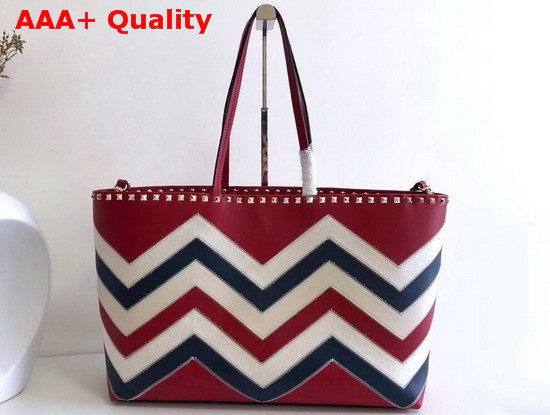 Valentino Garavani Rockstud Small Shopper Bag Canvas and Calfskin Leather Chevron Inlay Red Replica