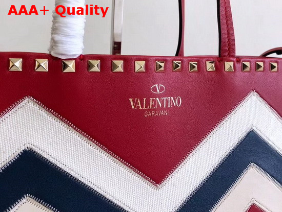 Valentino Garavani Rockstud Small Shopper Bag Canvas and Calfskin Leather Chevron Inlay Red Replica