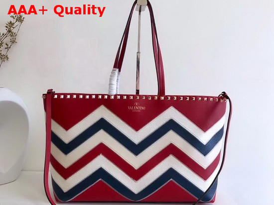 Valentino Garavani Rockstud Small Shopper Bag Canvas and Calfskin Leather Chevron Inlay Red Replica