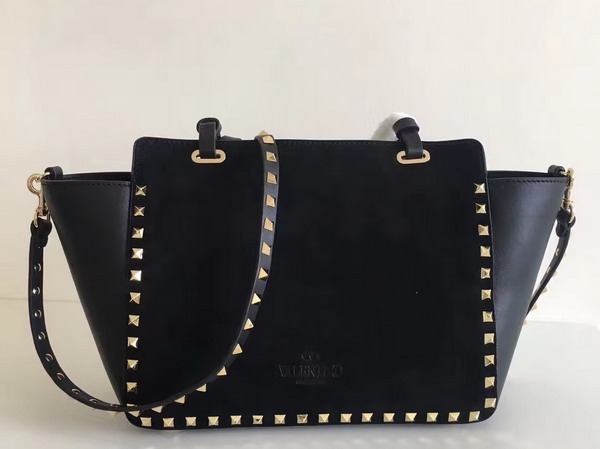 Valentino Garavani Rockstud Small Tote in Black Calfskin and Suede For Sale