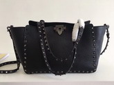 Valentino Garavani Rockstud Small Tote in Black Pebble Grain Calfskin Gun Metal For Sale