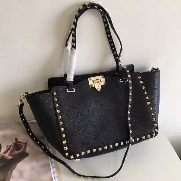 Valentino Garavani Rockstud Small Tote in Black Pebble Grain Calfskin Platinum Finish Studs For Sale