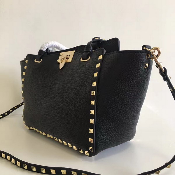 Valentino Garavani Rockstud Small Tote in Black Pebble Grain Calfskin Platinum Finish Studs For Sale