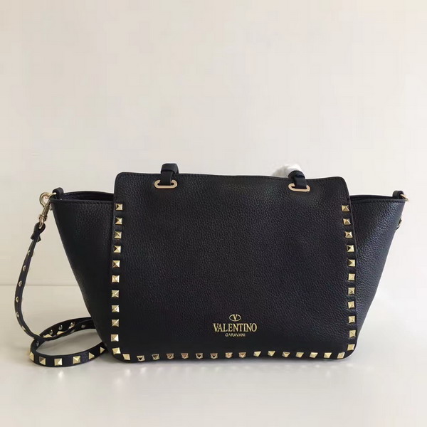 Valentino Garavani Rockstud Small Tote in Black Pebble Grain Calfskin Platinum Finish Studs For Sale