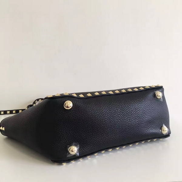 Valentino Garavani Rockstud Small Tote in Black Pebble Grain Calfskin Platinum Finish Studs For Sale