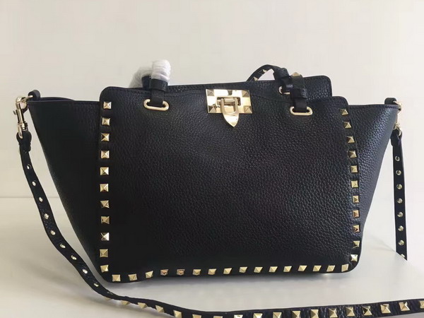 Valentino Garavani Rockstud Small Tote in Black Pebble Grain Calfskin Platinum Finish Studs For Sale