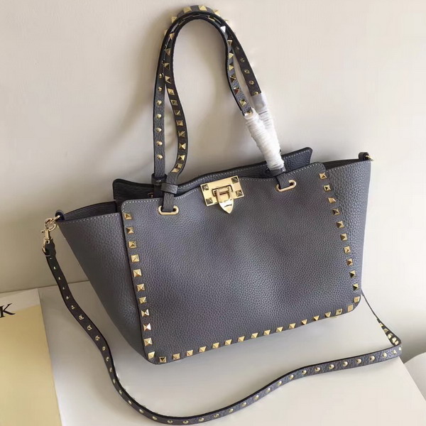 Valentino Garavani Rockstud Small Tote in Blue Pebble Grain Calfskin Platinum Finish Studs For Sale