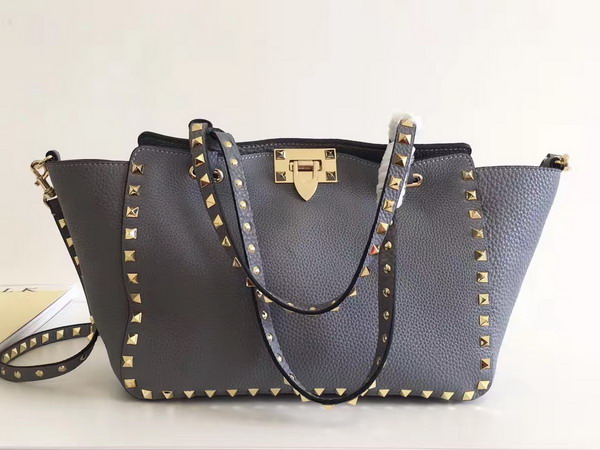 Valentino Garavani Rockstud Small Tote in Blue Pebble Grain Calfskin Platinum Finish Studs For Sale