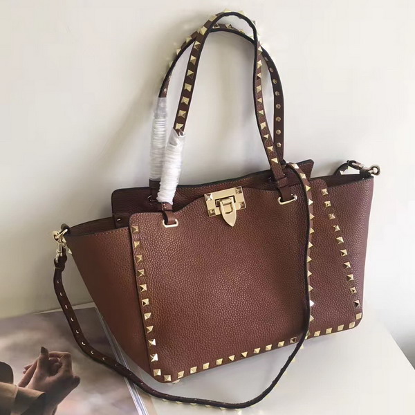 Valentino Garavani Rockstud Small Tote in Brown Pebble Grain Calfskin Platinum Finish Studs For Sale