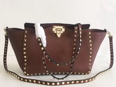 Valentino Garavani Rockstud Small Tote in Brown Pebble Grain Calfskin Platinum Finish Studs For Sale