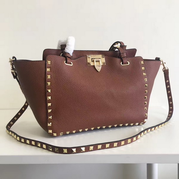 Valentino Garavani Rockstud Small Tote in Brown Pebble Grain Calfskin Platinum Finish Studs For Sale