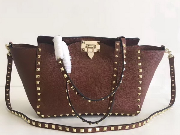 Valentino Garavani Rockstud Small Tote in Brown Pebble Grain Calfskin Platinum Finish Studs For Sale