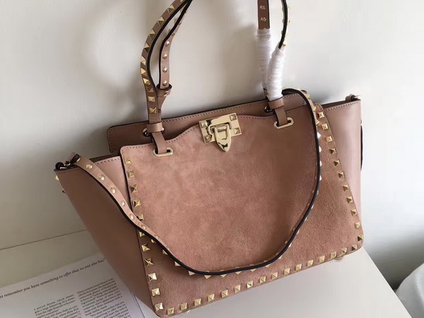 Valentino Garavani Rockstud Small Tote in Nude Calfskin and Suede For Sale