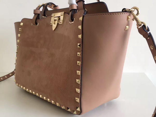 Valentino Garavani Rockstud Small Tote in Nude Calfskin and Suede For Sale