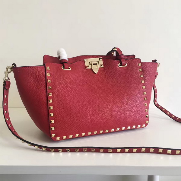 Valentino Garavani Rockstud Small Tote in Red Pebble Grain Calfskin Platinum Finish Studs For Sale