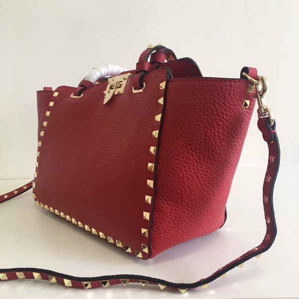 Valentino Garavani Rockstud Small Tote in Red Pebble Grain Calfskin Platinum Finish Studs For Sale