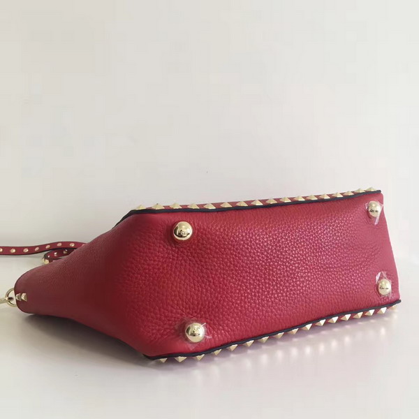 Valentino Garavani Rockstud Small Tote in Red Pebble Grain Calfskin Platinum Finish Studs For Sale