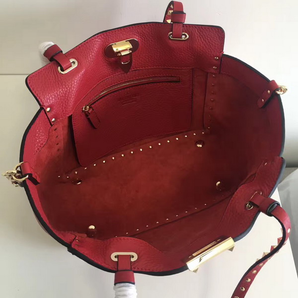 Valentino Garavani Rockstud Small Tote in Red Pebble Grain Calfskin Platinum Finish Studs For Sale