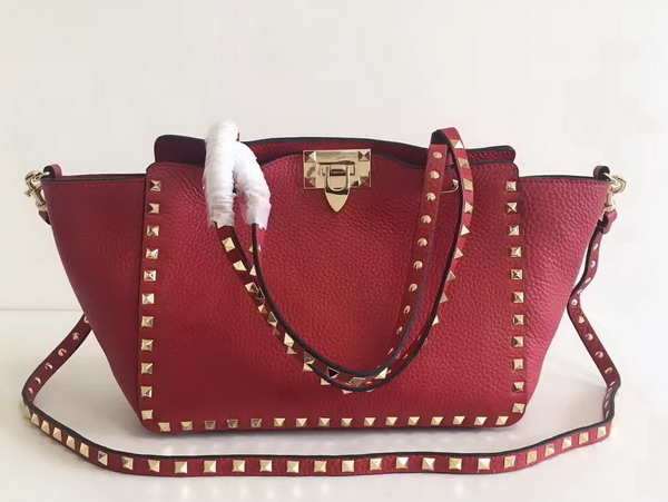 Valentino Garavani Rockstud Small Tote in Red Pebble Grain Calfskin Platinum Finish Studs For Sale