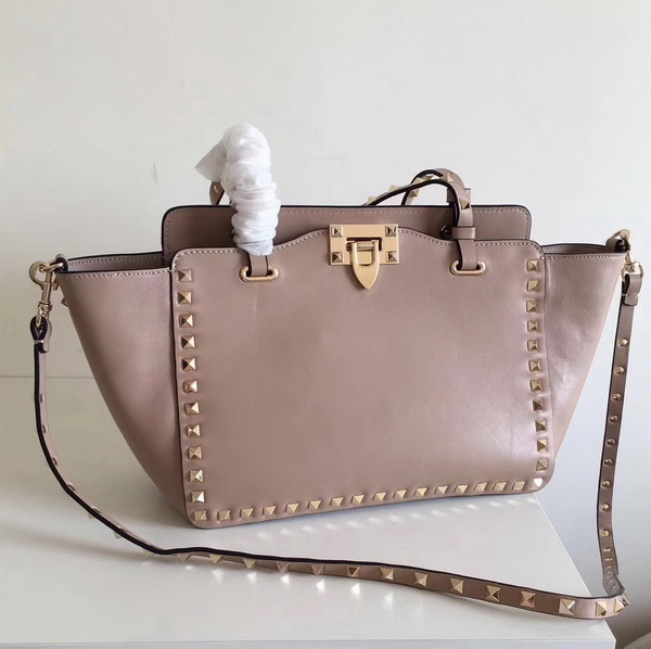 Valentino Garavani Rockstud Small Trapeze Tote Nude Smooth Calfskin with Gold Hardwares Replica