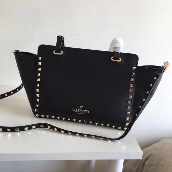 Valentino Garavani Rockstud Small Trapeze Tote in Black Smooth Calfskin with Gold Hardwares Replica