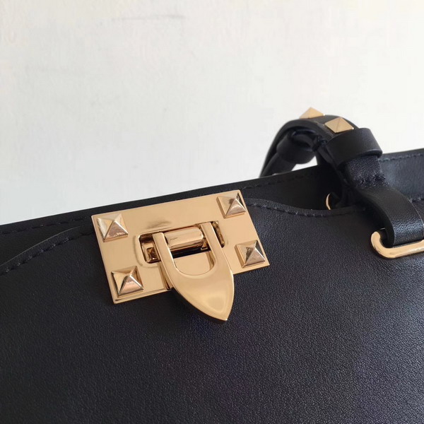 Valentino Garavani Rockstud Small Trapeze Tote in Black Smooth Calfskin with Gold Hardwares Replica