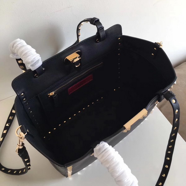 Valentino Garavani Rockstud Small Trapeze Tote in Black Smooth Calfskin with Gold Hardwares Replica