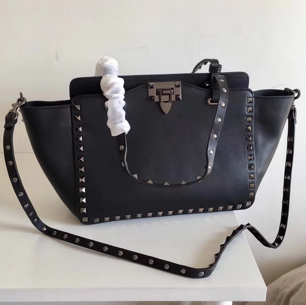 Valentino Garavani Rockstud Small Trapeze Tote in Black Smooth Calfskin with Silver Hardwares Replica