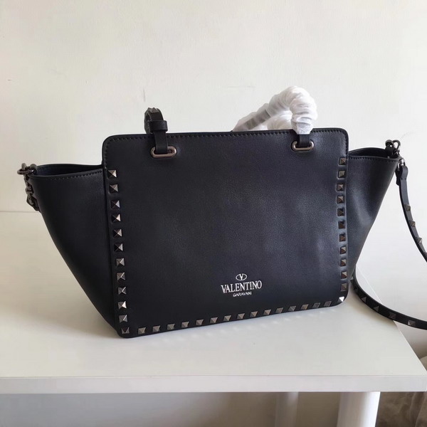 Valentino Garavani Rockstud Small Trapeze Tote in Black Smooth Calfskin with Silver Hardwares Replica