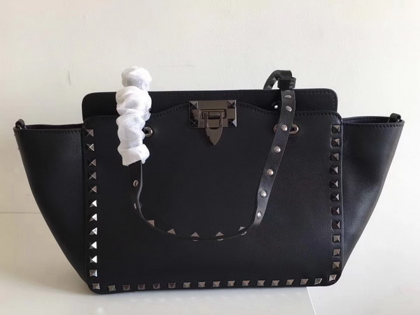 Valentino Garavani Rockstud Small Trapeze Tote in Black Smooth Calfskin with Silver Hardwares Replica