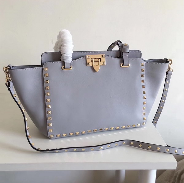 Valentino Garavani Rockstud Small Trapeze Tote in Light Blue Smooth Calfskin with Gold Hardwares Replica