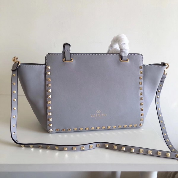 Valentino Garavani Rockstud Small Trapeze Tote in Light Blue Smooth Calfskin with Gold Hardwares Replica