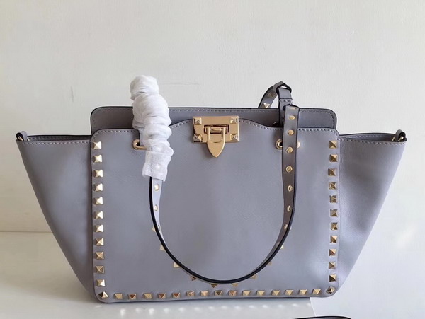 Valentino Garavani Rockstud Small Trapeze Tote in Light Blue Smooth Calfskin with Gold Hardwares Replica