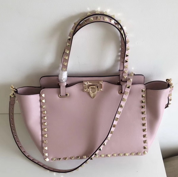 Valentino Garavani Rockstud Small Trapeze Tote in Pink Smooth Calfskin with Gold Hardwares Replica