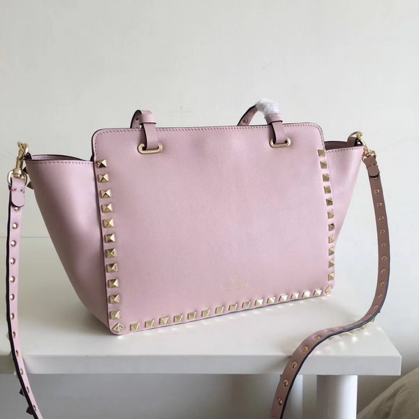 Valentino Garavani Rockstud Small Trapeze Tote in Pink Smooth Calfskin with Gold Hardwares Replica