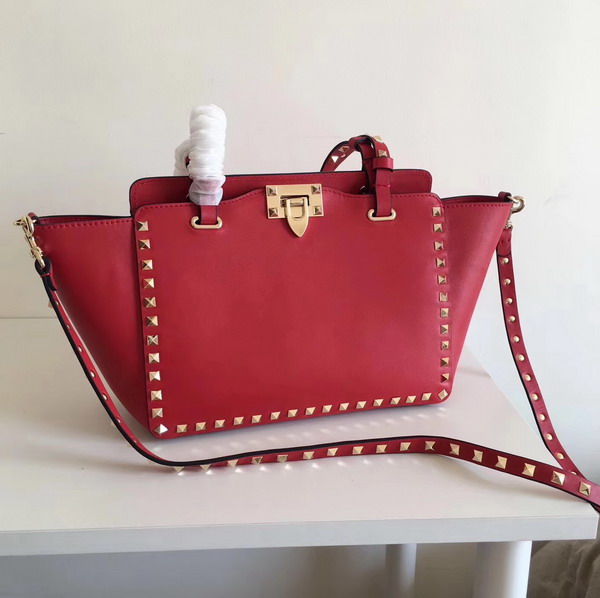 Valentino Garavani Rockstud Small Trapeze Tote in Red Smooth Calfskin with Gold Hardwares Replica