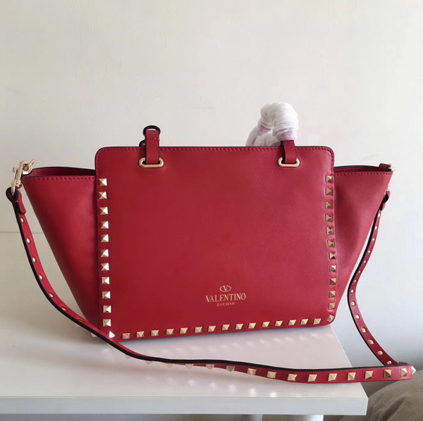 Valentino Garavani Rockstud Small Trapeze Tote in Red Smooth Calfskin with Gold Hardwares Replica