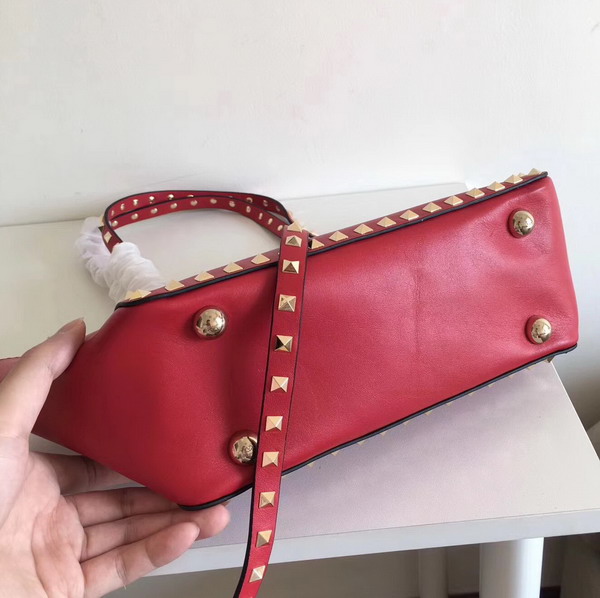 Valentino Garavani Rockstud Small Trapeze Tote in Red Smooth Calfskin with Gold Hardwares Replica