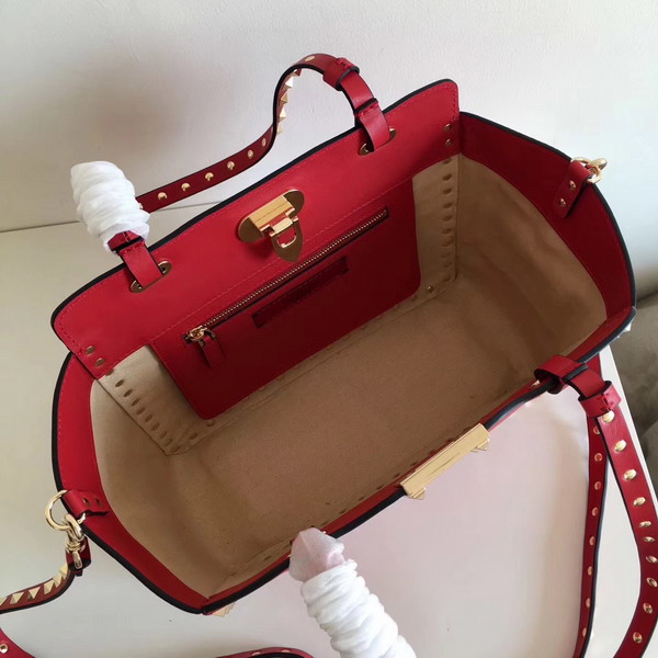 Valentino Garavani Rockstud Small Trapeze Tote in Red Smooth Calfskin with Gold Hardwares Replica