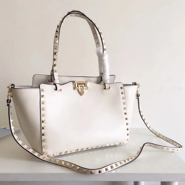 Valentino Garavani Rockstud Small Trapeze Tote in White Smooth Calfskin with Gold Hardwares Replica