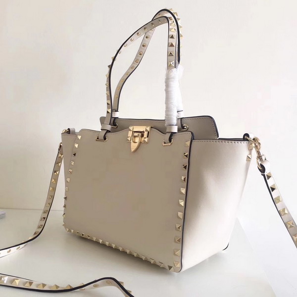 Valentino Garavani Rockstud Small Trapeze Tote in White Smooth Calfskin with Gold Hardwares Replica