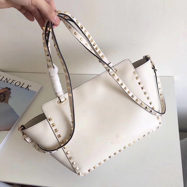 Valentino Garavani Rockstud Small Trapeze Tote in White Smooth Calfskin with Gold Hardwares Replica