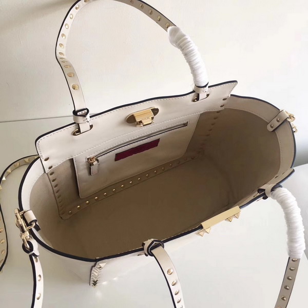 Valentino Garavani Rockstud Small Trapeze Tote in White Smooth Calfskin with Gold Hardwares Replica