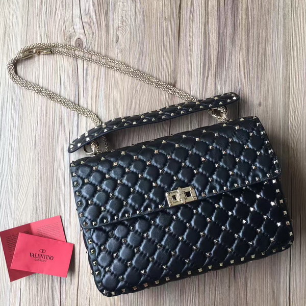 Valentino Garavani Rockstud Spike Chain Bag in Black Soft Crackle Nappa Lambskin Leather with Micro Stud Detailing For Sale