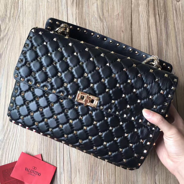 Valentino Garavani Rockstud Spike Chain Bag in Black Soft Crackle Nappa Lambskin Leather with Micro Stud Detailing For Sale