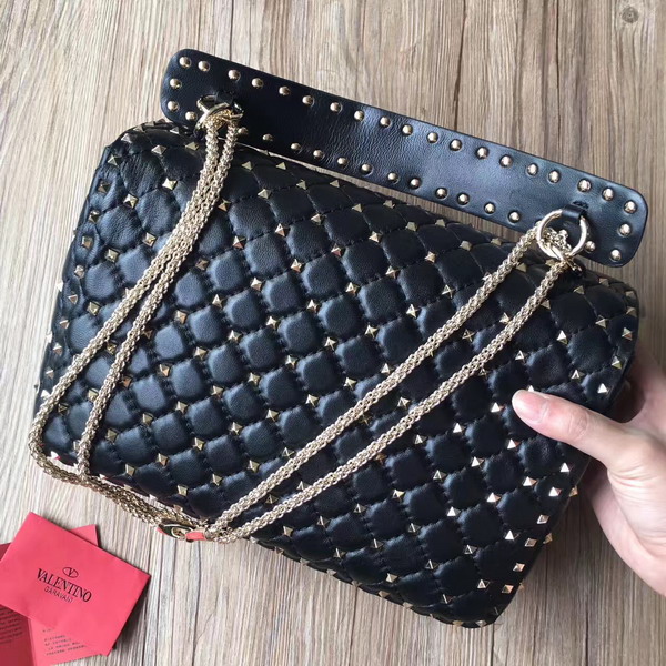 Valentino Garavani Rockstud Spike Chain Bag in Black Soft Crackle Nappa Lambskin Leather with Micro Stud Detailing For Sale