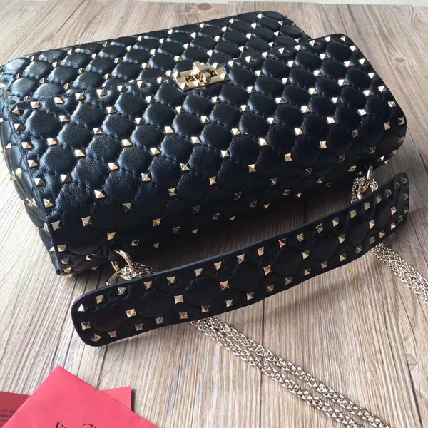 Valentino Garavani Rockstud Spike Chain Bag in Black Soft Crackle Nappa Lambskin Leather with Micro Stud Detailing For Sale